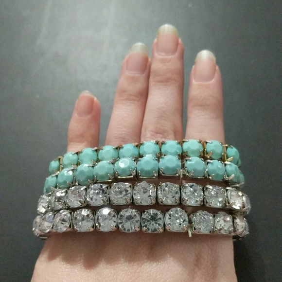 Jewelry - Turquoise and Clear Rhinestone Stretchy Metallic Bracelet - Set of 4